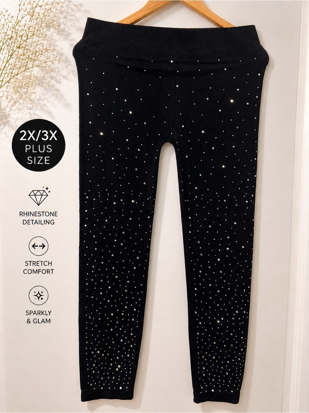 Dots Rhinestone Leggings 2X 3X Black Sparkly Stretch Pants Plus Size Glam